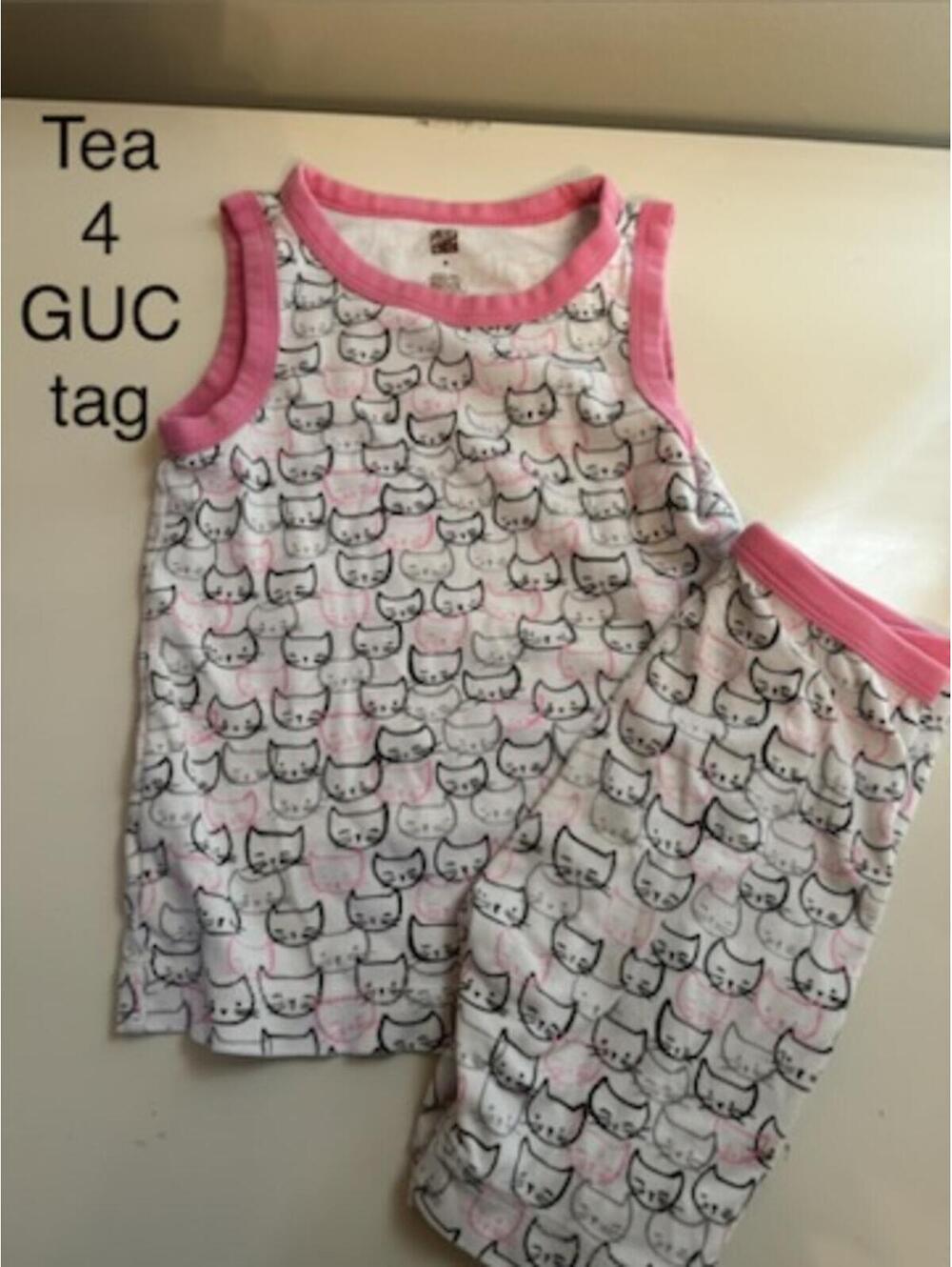 Tea Collection Girls Cat Print Pajama Set with Pink Trim Size 4